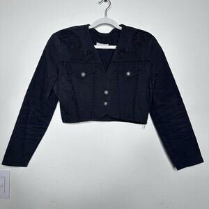 Vintage Contempo Casuals 90s 80s Black‎ Cropped Embroidered Denim Jacket Western
